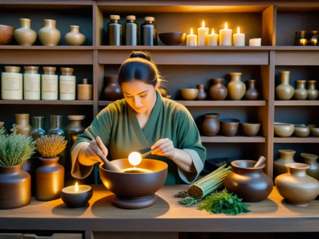 Un herborista antiguo prepara medicina tradicional en una apotecaria, custodia conocimientos medicina tradicional