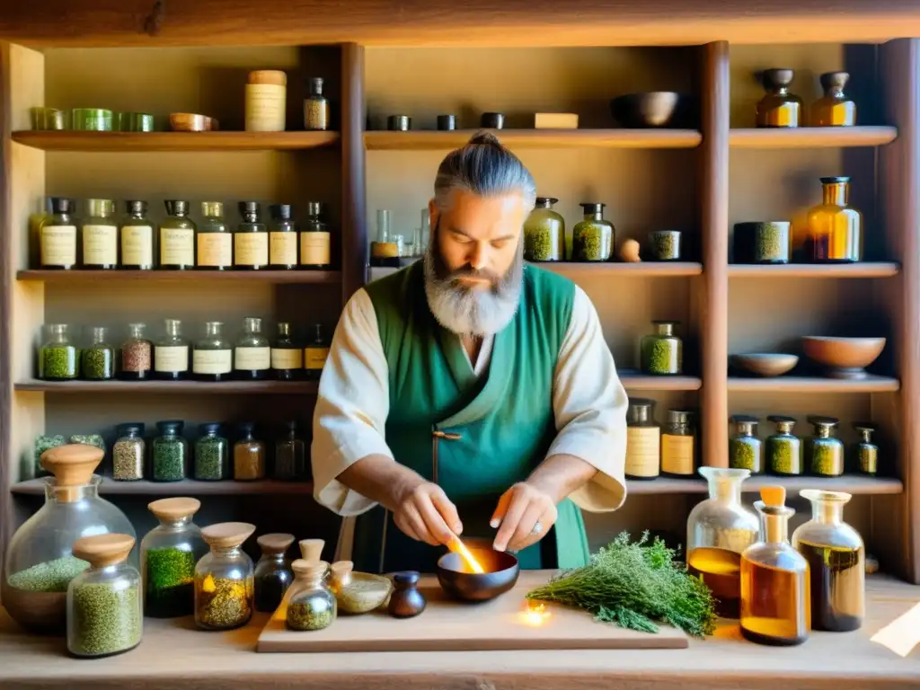 Herboristería ancestral: sabiduría curativa en frascos de colores Un herborista barbado en una tienda antigua llena de hierbas y pociones, creando sinergias curativas medicina tradicional