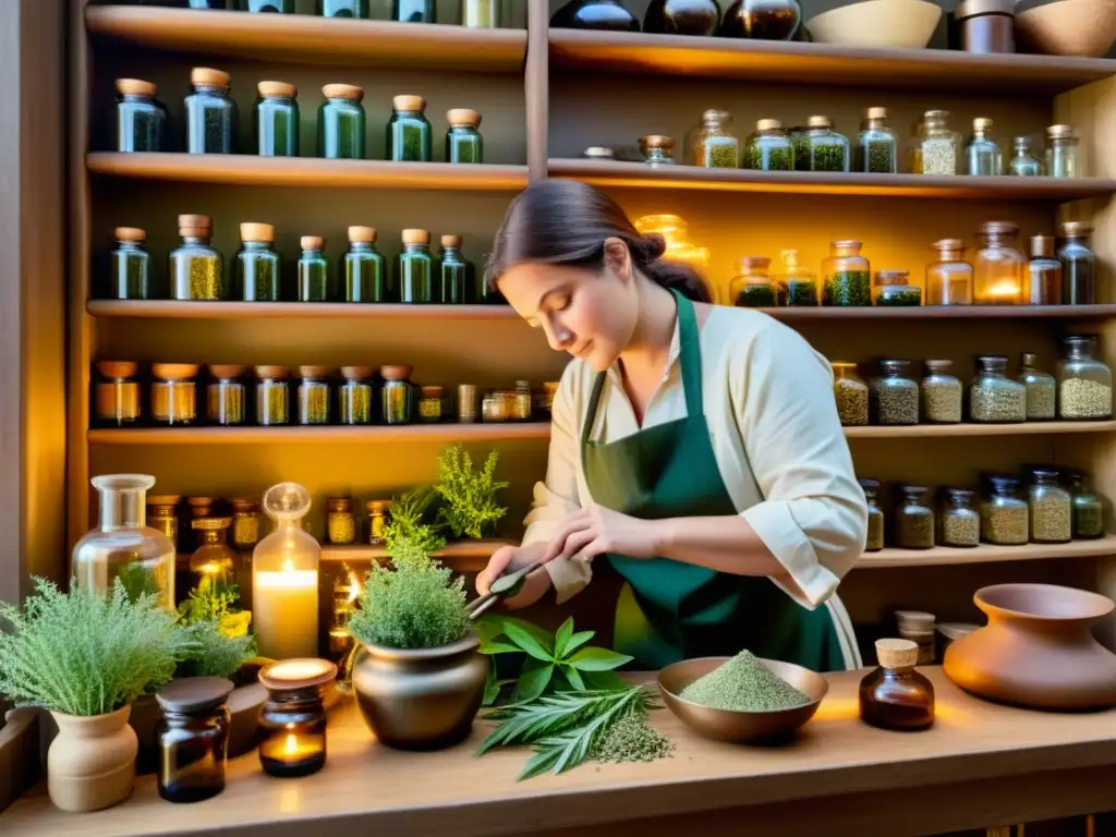 Un herborista prepara hierbas medicinales en una apotecaria iluminada por velas