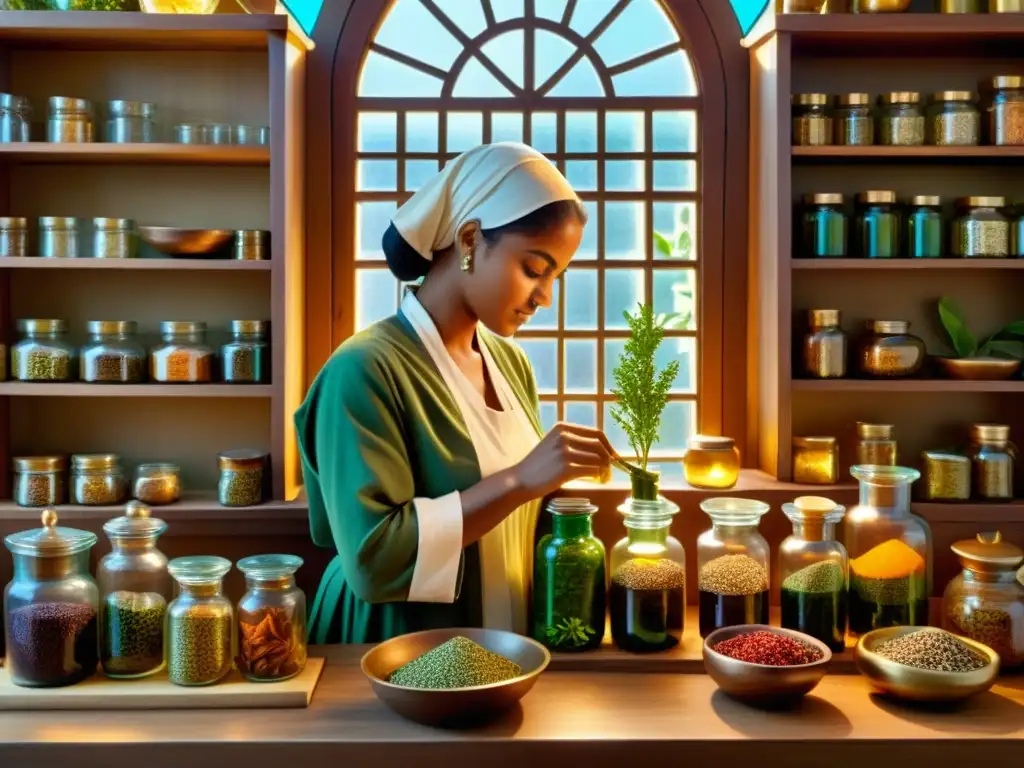 Un herborista islámico preparando remedios naturales en una apotecaria decorada, evocando la medicina tradicional islámica profética