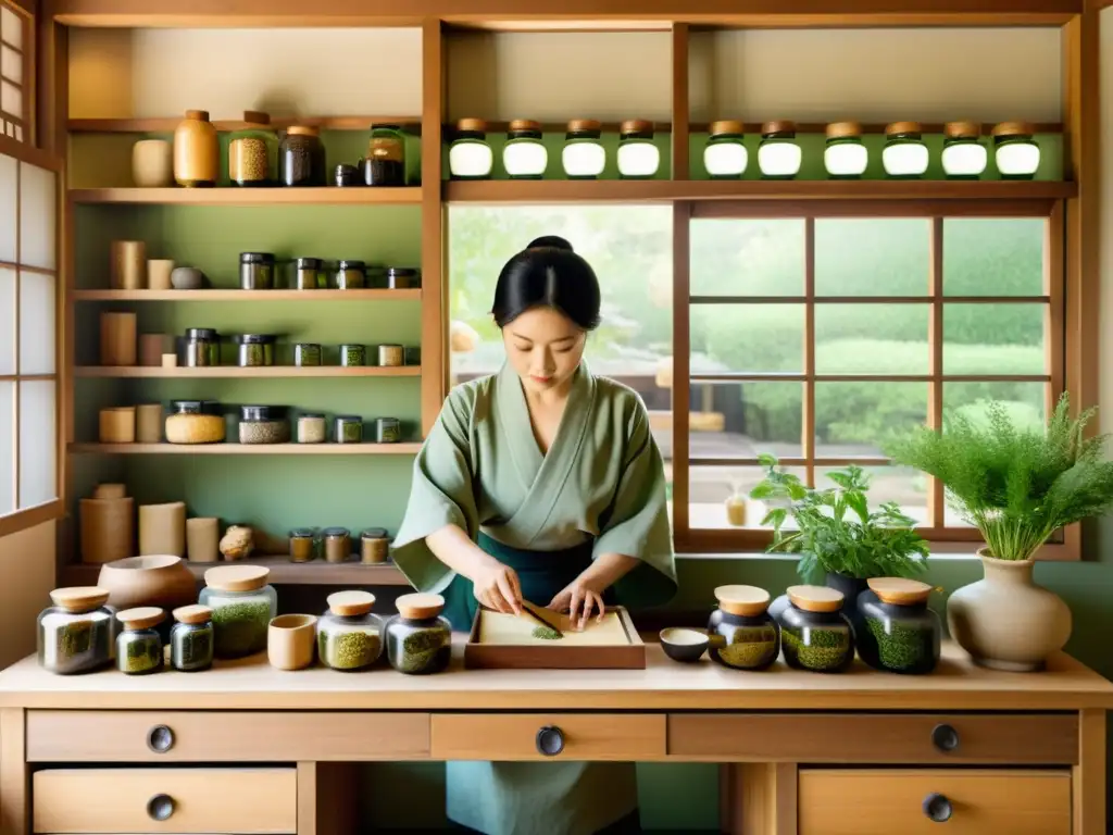 Un herborista japonés realiza medicina natural tradicional en una apoteca vintage, rodeado de plantas exuberantes y luz suave