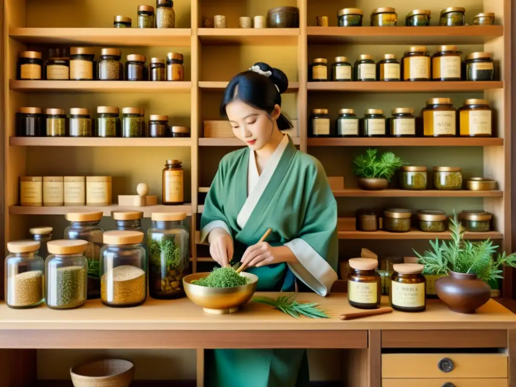 Un herborista japonés tradicional practica el Kampo y hierbas medicinales en un ambiente nostálgico y lleno de sabiduría