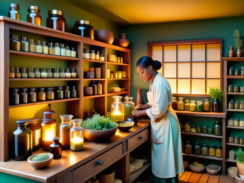 Un herborista prepara remedios naturales en una apoteca antigua, evocando la Ética en integración de medicina tradicional