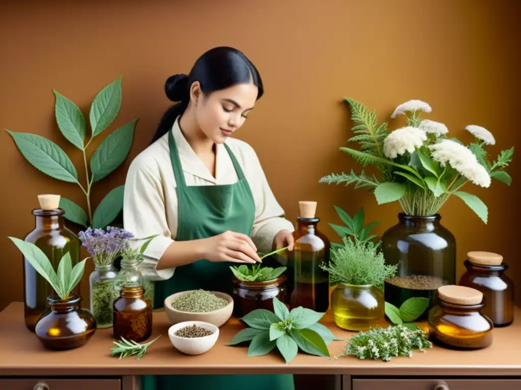 Un herborista preparando remedios naturales entre hierbas medicinales