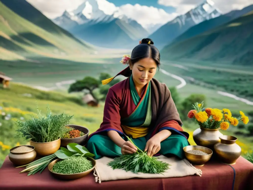 Un herborista tibetano selecciona plantas medicinales Himalaya tibetanas entre las impresionantes montañas