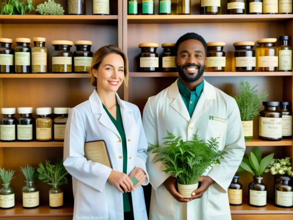 Una ilustración vintage muestra a un herborista tradicional y a un farmacéutico moderno, rodeados de plantas medicinales y frascos de medicamentos