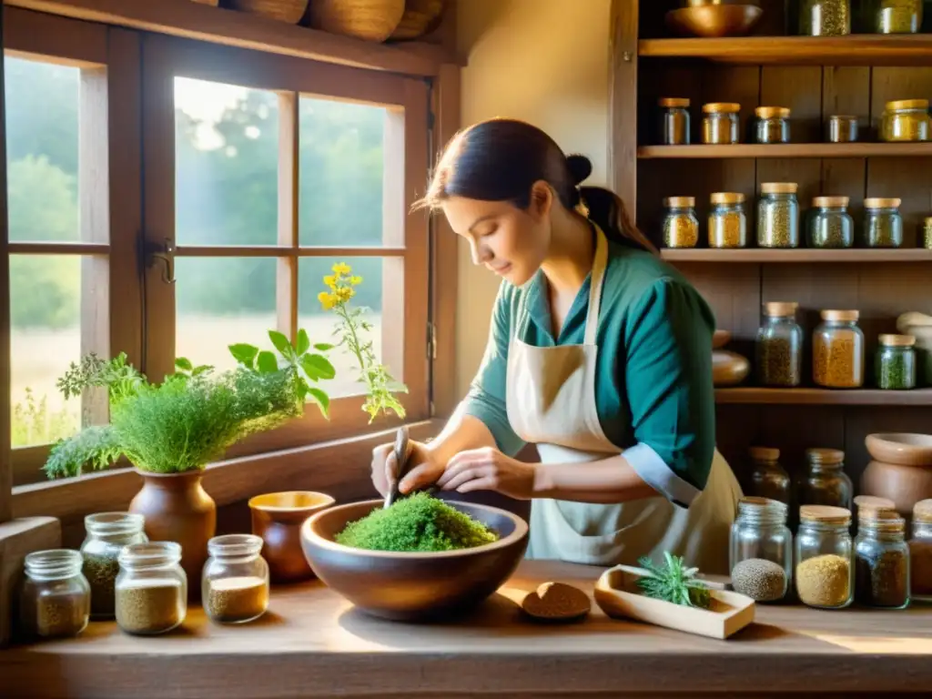 Un herborista tradicional selecciona y prepara hierbas medicinales en un entorno rústico, evocando la conexión entre la naturaleza y la curación