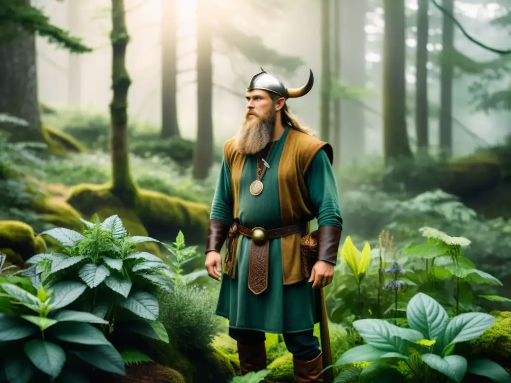 Un herborista vikingo reúne hierbas en un bosque misterioso