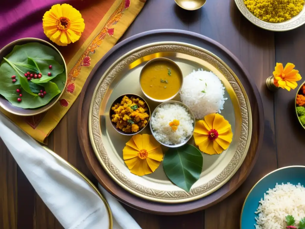 Una hermosa thali de latón con comidas sagradas en diferentes culturas, rodeada de colores y texturas en un ambiente reverente y atemporal