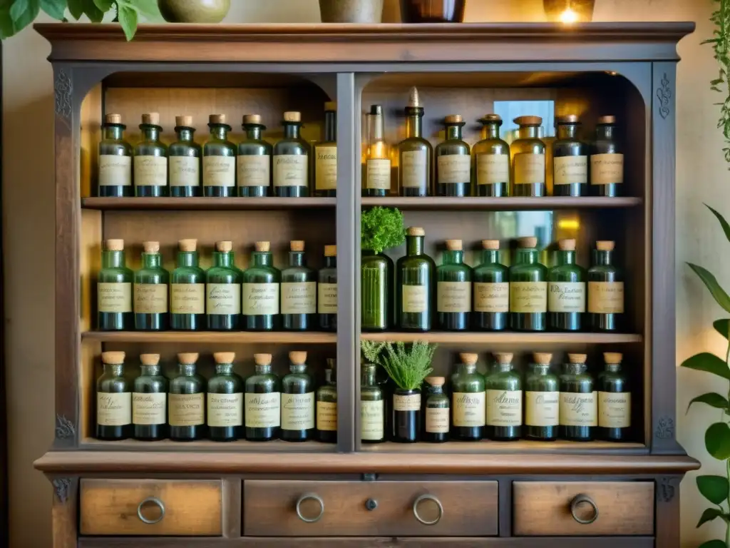 Una hermosa exhibición de plantas medicinales en un antiguo gabinete de boticario, evocando sabiduría y conocimiento tradicional