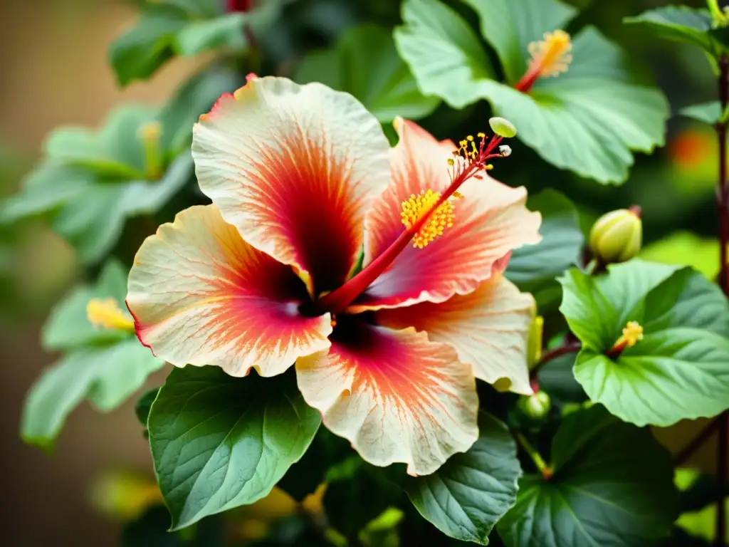 Hermosa flor de hibisco en plena floración, con pétalos rojos vibrantes y detalles detallados del pistilo y estambres en el centro