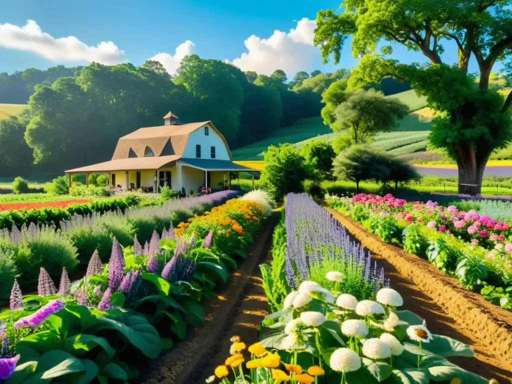 Una hermosa granja agroecológica con plantas medicinales, flores coloridas y árboles frondosos