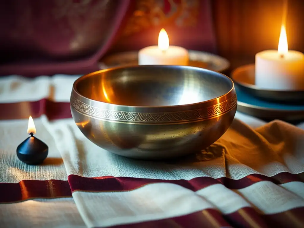 Una hermosa imagen vintage de un cuenco tibetano rodeado de velas, en una atmósfera cálida y relajante