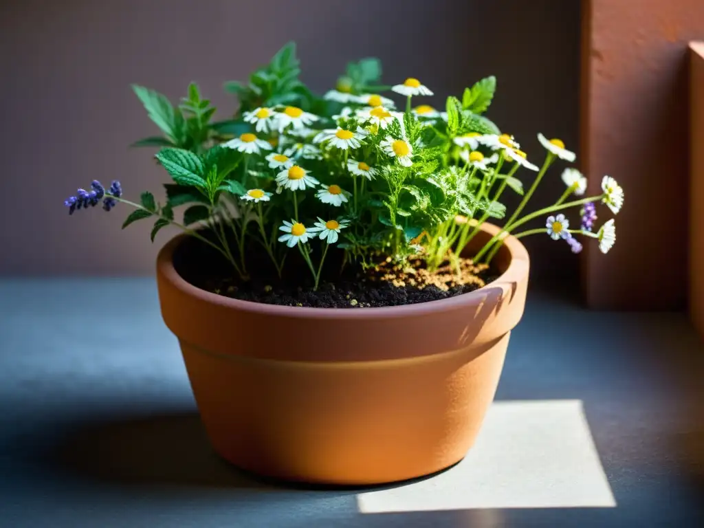 Una hermosa maceta de terracota llena de plantas medicinales vibrantes y saludables, como lavanda, manzanilla y menta