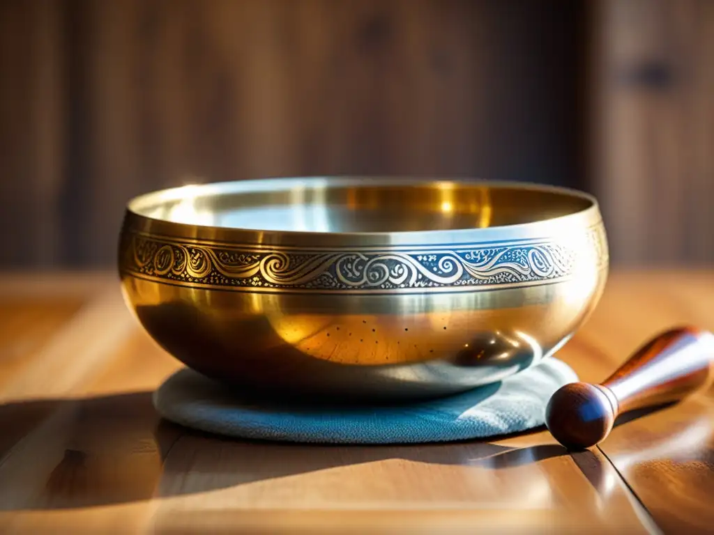 Una hermosa terapia de sonido con instrumentos: un antiguo cuenco cantor en madera, iluminado por luz natural, revelando sus detalles grabados