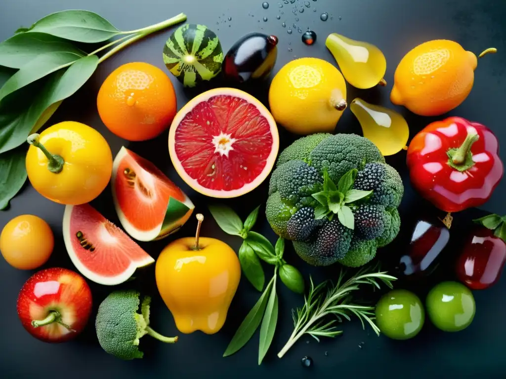 Una hermosa variedad de frutas, verduras y hierbas frescas con gotas de agua, transformando alimentos en medicina tradicional