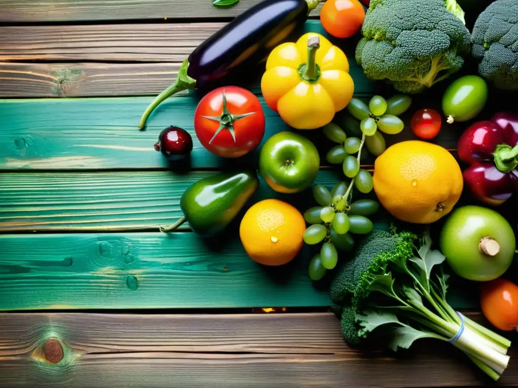 Una hermosa variedad de frutas y verduras frescas sobre una mesa de madera rústica