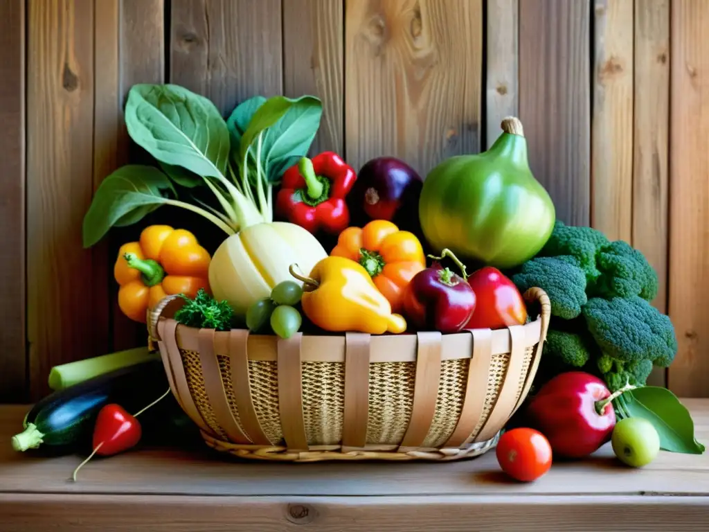 Una hermosa ilustración vintage de frutas y verduras desbordando de una cesta de mimbre, con colores vibrantes y detalles detallados que muestran la belleza natural de los productos