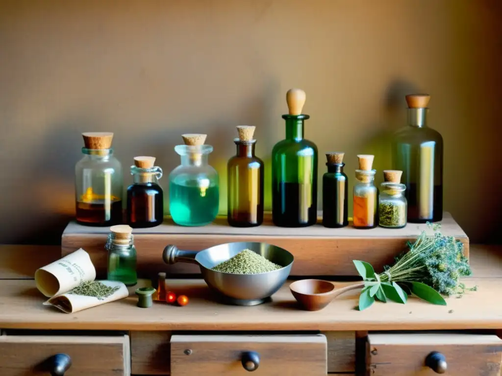 Una hermosa ilustración vintage de una mesa de boticario con frascos de hierbas medicinales, báscula antigua y utensilios, evocando la preparación de medicinas naturales