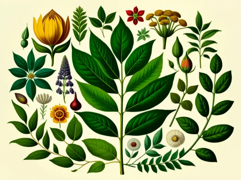 Una hermosa ilustración vintage de plantas medicinales en una composición simétrica