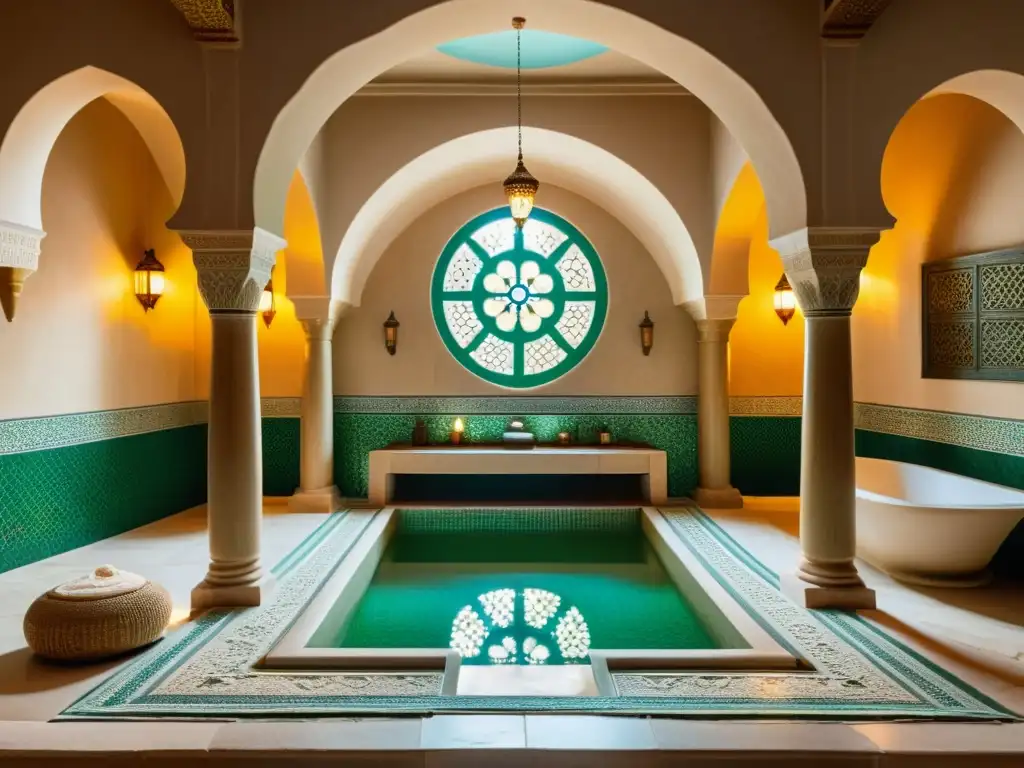 Un hermoso hammam tradicional restaurado con azulejos intrincados, arcos ornamentados y una suave iluminación