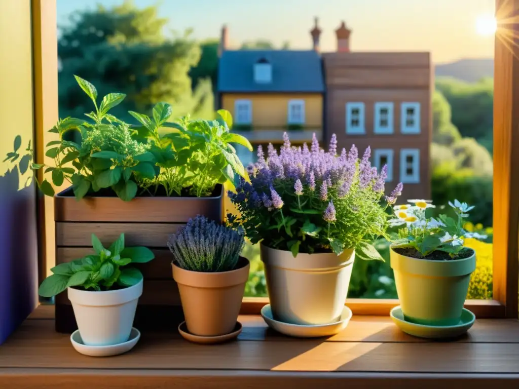 Un hermoso jardín de hierbas medicinales en un balcón urbano, con lavanda, menta y manzanilla