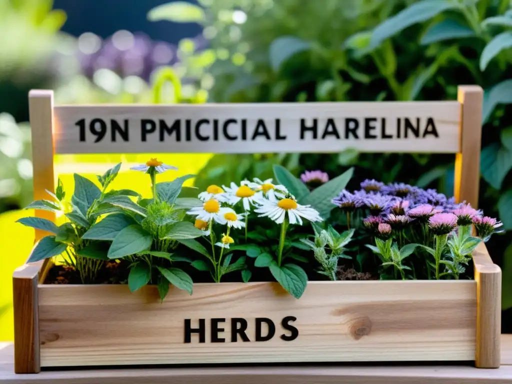 Un hermoso jardín de hierbas medicinales esenciales, con una variedad de plantas etiquetadas en señales de madera