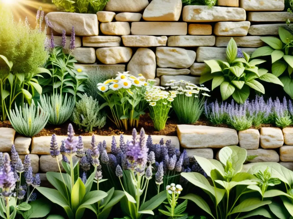 Un hermoso jardín de hierbas medicinales tradicionales con detalles intrincados y una atmósfera cálida y armoniosa, rodeado por una antigua pared de piedra