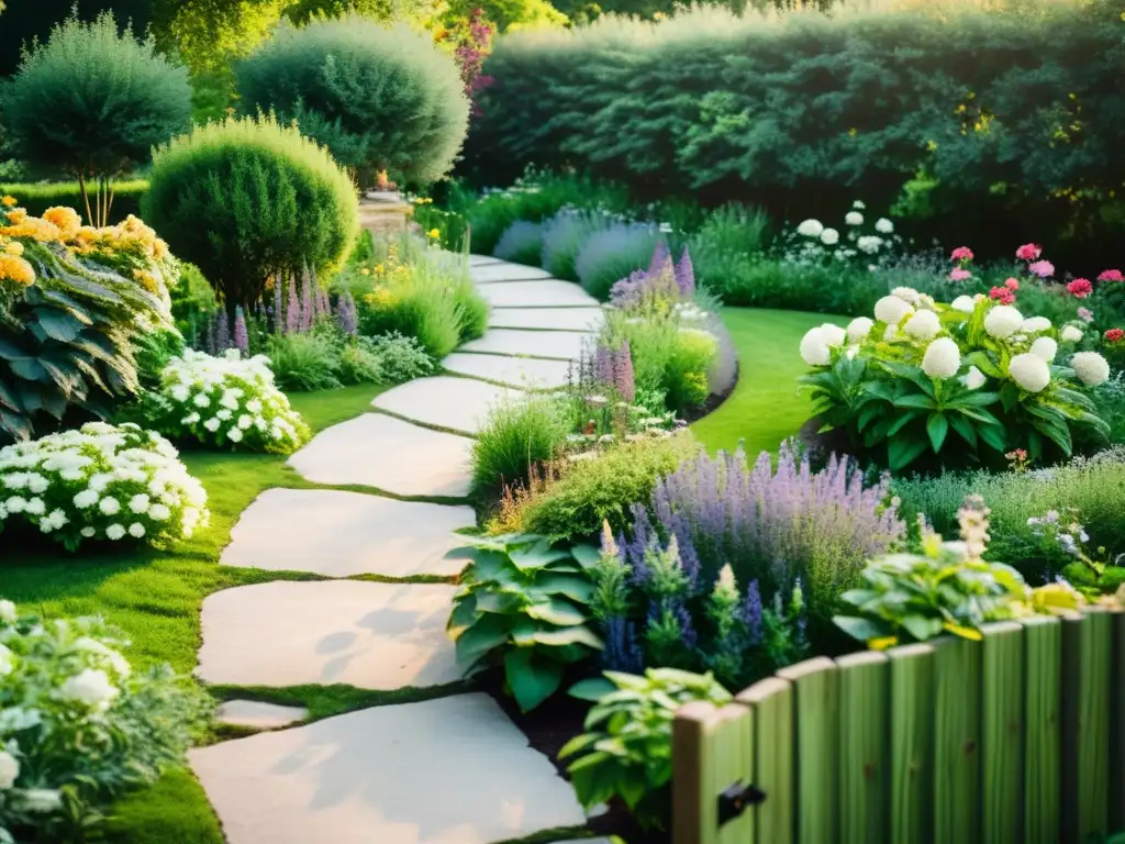 Un hermoso jardín vintage lleno de hierbas aromáticas para calmar mente, con un sendero de piedra y un rincón tranquilo entre flores en floración