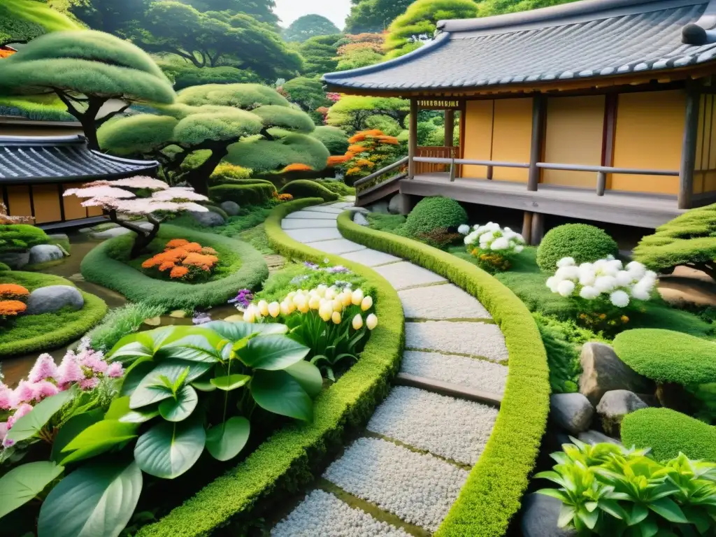 Un hermoso jardín de medicina tradicional japonesa Kampo, con exuberante vegetación, flores vibrantes y una serena atmósfera de armonía