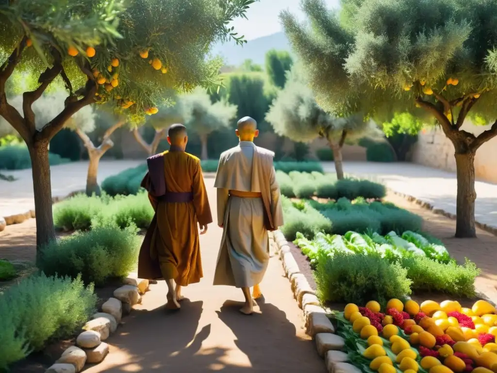 Hermoso jardín de un monasterio con monjes cuidando la tierra, reflejando la conexión entre hábitos alimenticios en vida espiritual