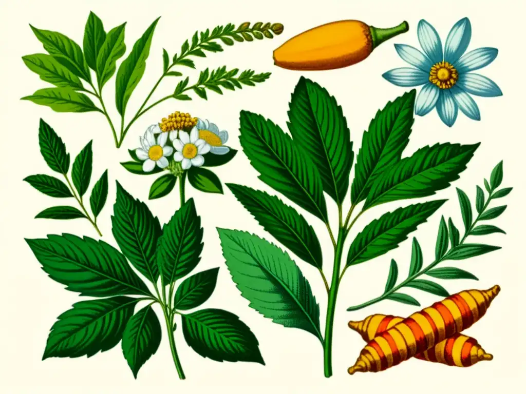 Una ilustración vintage de hierbas antiinflamatorias detalladas con colores vibrantes y líneas delicadas, evocando sabiduría tradicional y curación natural