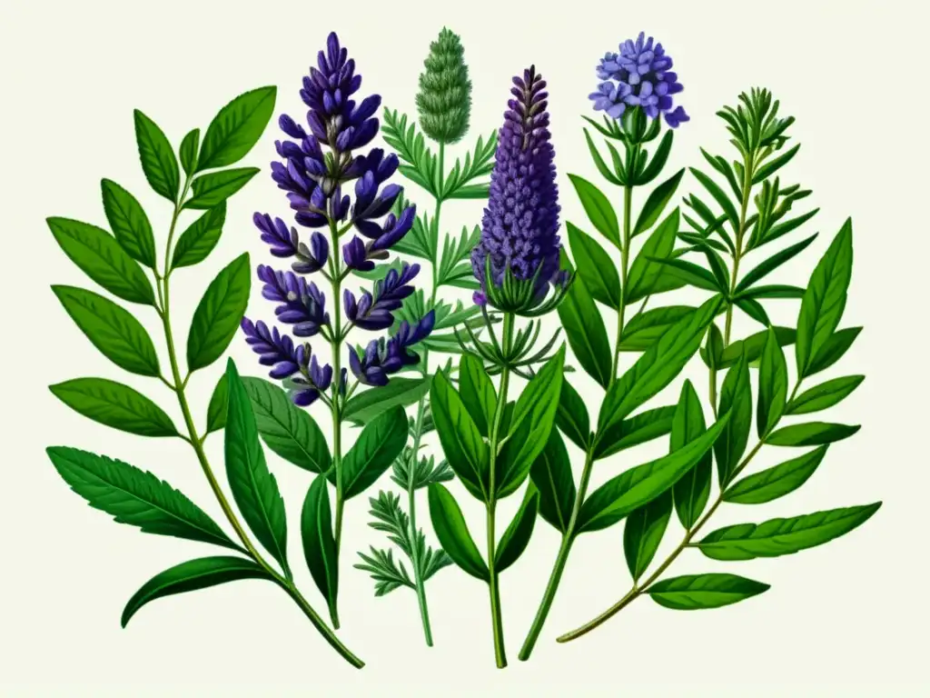 Una ilustración vintage de hierbas aromáticas como lavanda, romero y menta, entrelazadas en un jardín exuberante