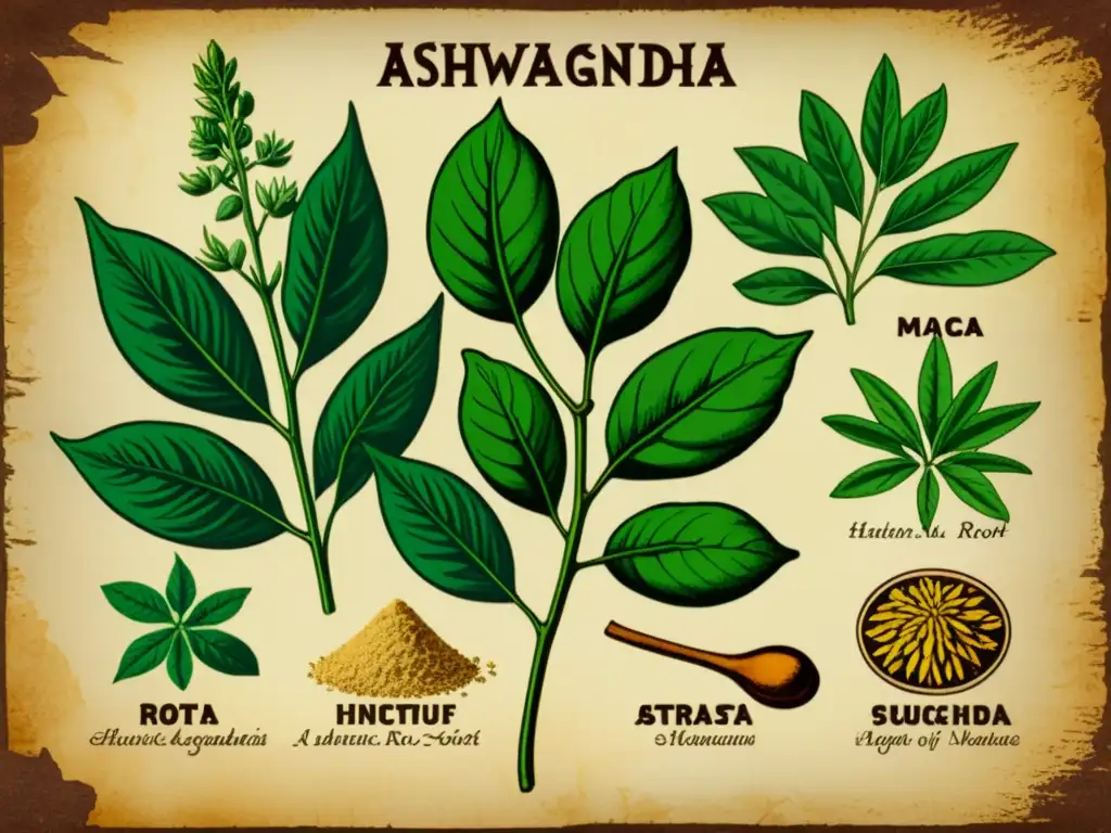 Una ilustración vintage de hierbas como ashwagandha, maca y astrágalo, con detalles botánicos y etiquetas científicas