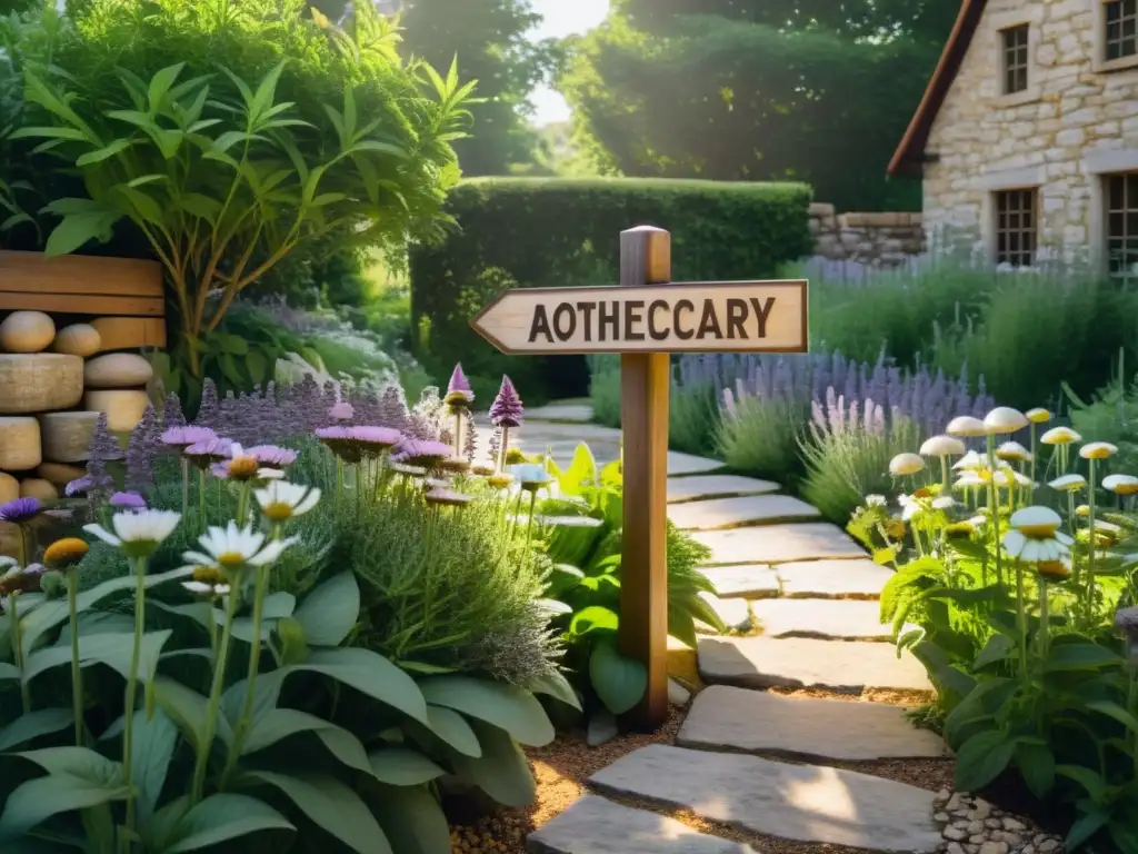 Jardín de hierbas curativas con bioestimulantes naturales en apotecario vintage