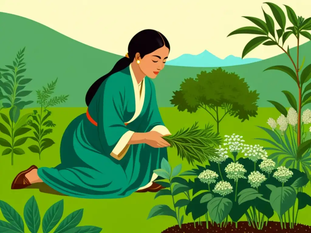 Avicena recolectando hierbas: sabiduría ancestral y naturaleza exuberante Avicena recolecta hierbas en un exuberante jardín, rodeado de plantas medicinales