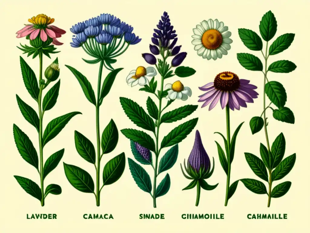 Una ilustración botánica vintage de hierbas como lavanda, manzanilla, ginseng y equinácea, detallada y colorida