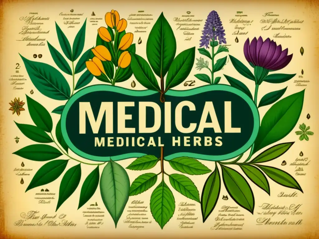 Una ilustración vintage de hierbas medicinales africanas detalladas con precisión, rodeadas de caligrafía elegante en un pergamino envejecido