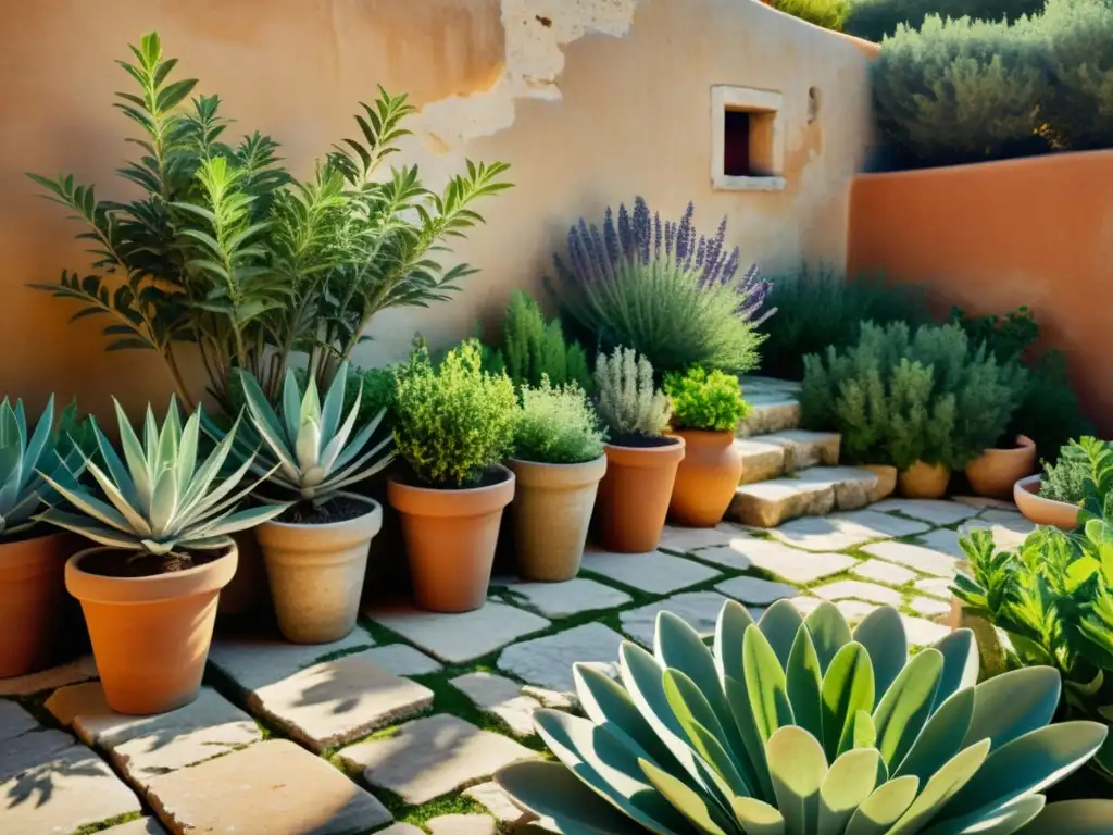 Hierbas medicinales en la antigua Grecia: Un jardín de hierbas griego antiguo con plantas medicinales, senderos de piedra y ruinas de fondo