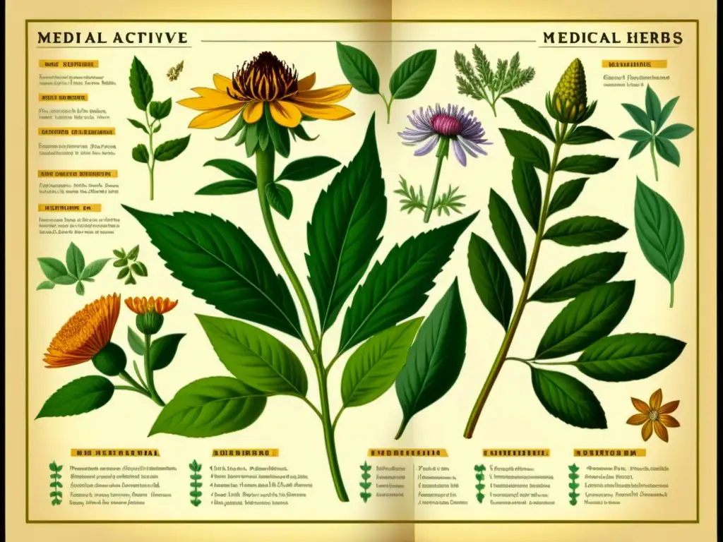 Una ilustración vintage de hierbas medicinales y sus componentes activos, evocando la tradición botánica