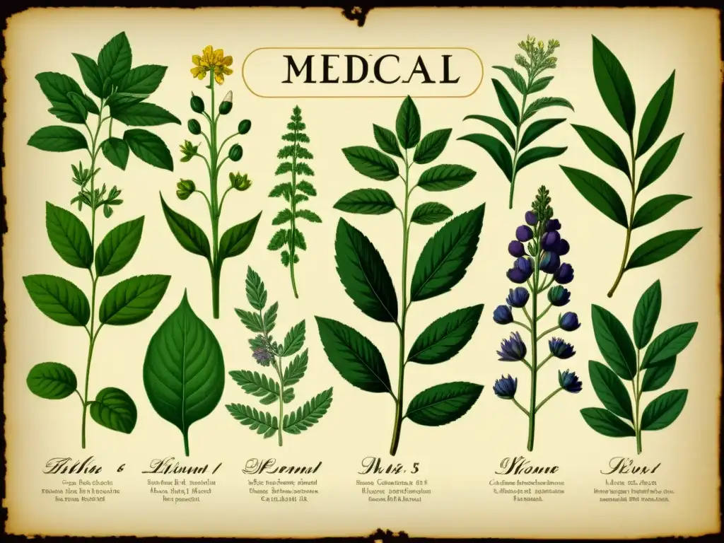 Vintage ilustración de hierbas medicinales contraindicadas durante el embarazo en tonos de pergamino enmarcadas por bordes florales detallados