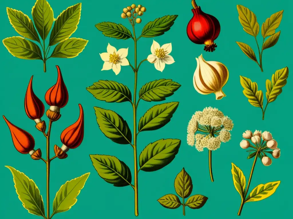 Una ilustración vintage de hierbas medicinales para el corazón con colores vibrantes y detalles delicados