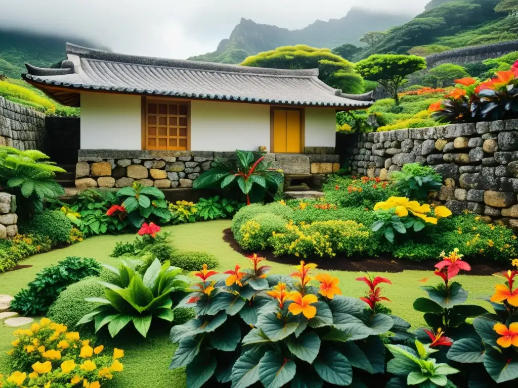 Jardín de hierbas medicinales de la cultura Okinawa, con vibrante vegetación y flores coloridas