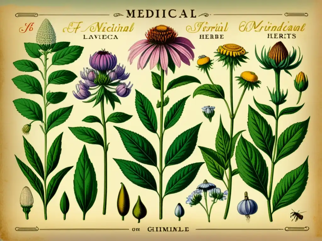 Una ilustración vintage de hierbas medicinales detalladas con colores vibrantes