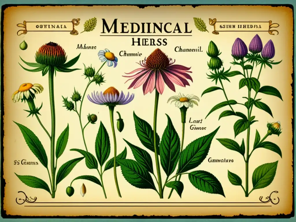 Una ilustración botánica vintage de hierbas medicinales detalladas, con colores vibrantes y líneas delicadas