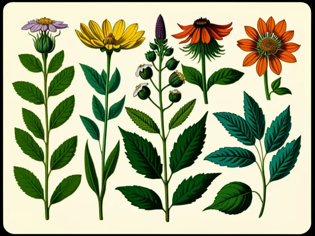 Una ilustración vintage de hierbas medicinales detalladas con colores vibrantes y texturas realistas