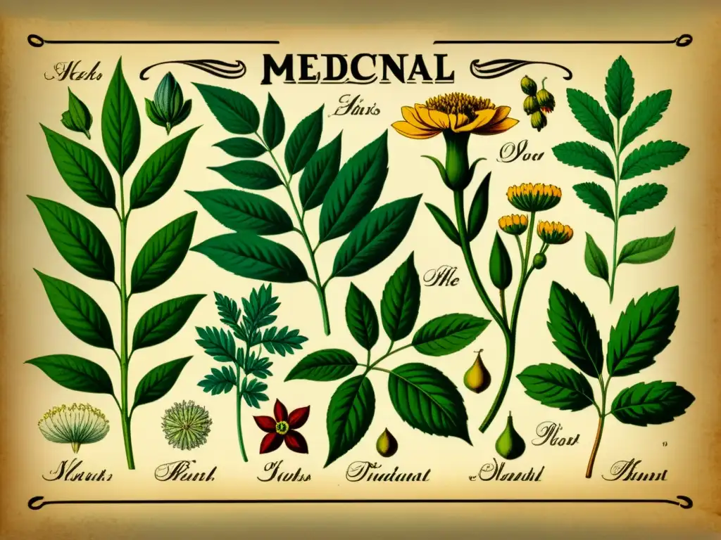 Una ilustración vintage de hierbas medicinales detalladas con colores vibrantes y etiquetadas con sus usos tradicionales