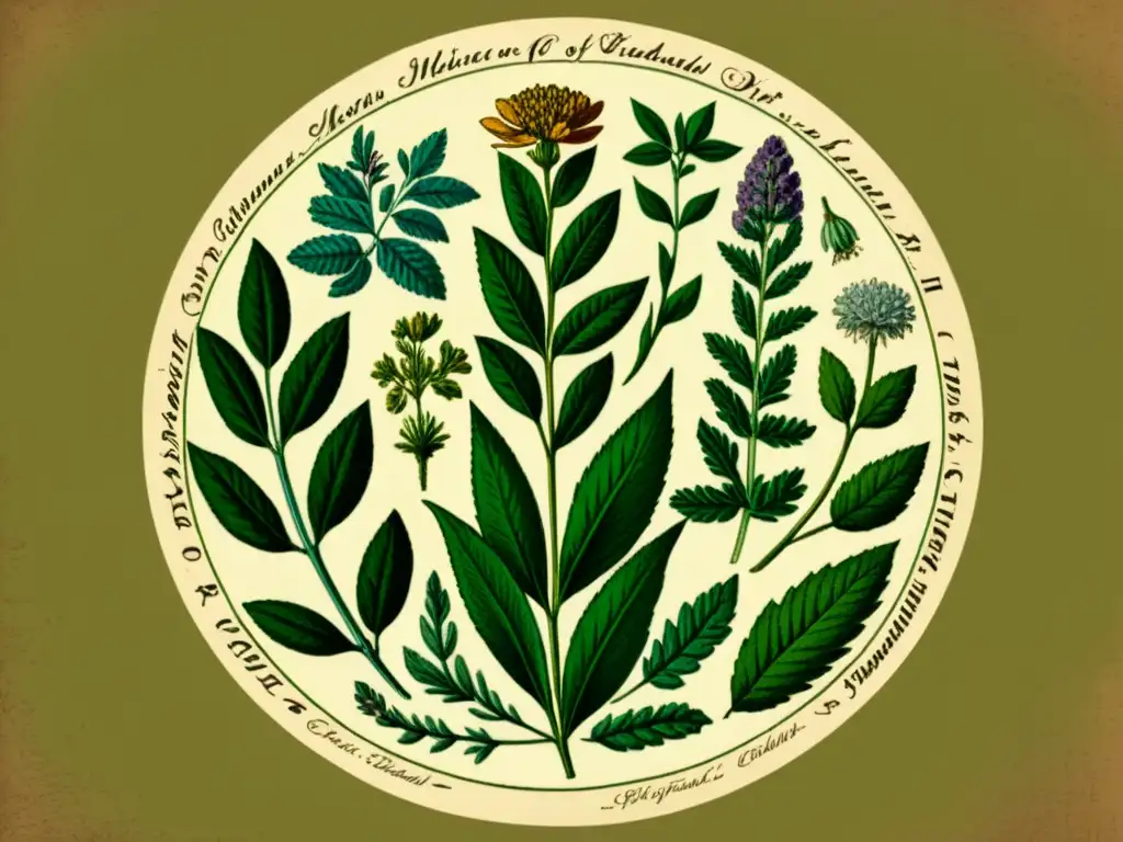 Una ilustración vintage de hierbas medicinales bellamente detalladas en colores vibrantes, con nombres escritos en cursive