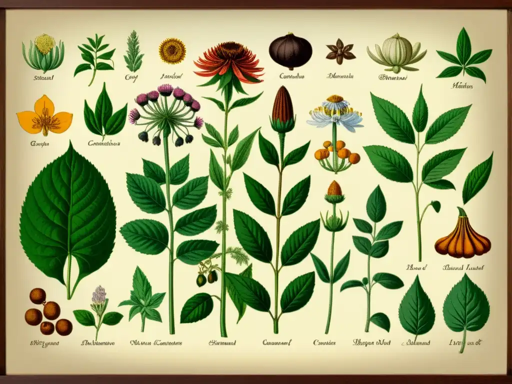 Una ilustración vintage de hierbas medicinales detalladas, evocando la herencia y sabiduría de los suplementos naturales en medicina tradicional