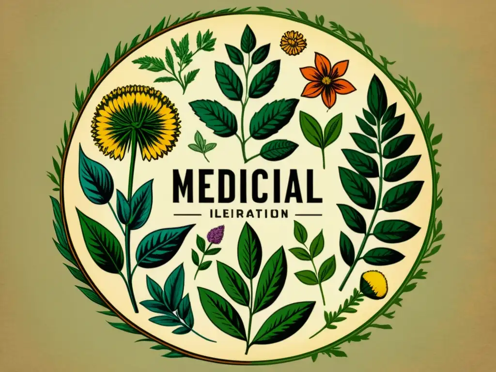 Una ilustración vintage de hierbas medicinales, detalladas y vibrantes, con un fondo de pergamino desgastado